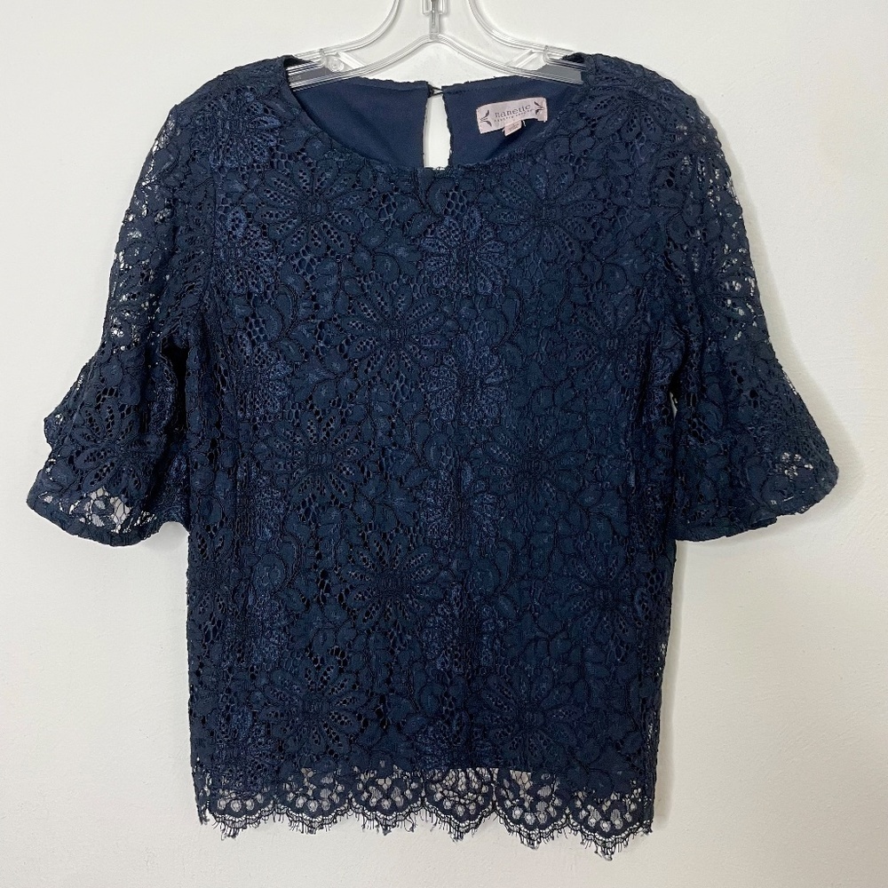 NANETTE LEPORE Lace Top Ruffle Sleeve Blouse Top Shirt Blue Women's Size Small